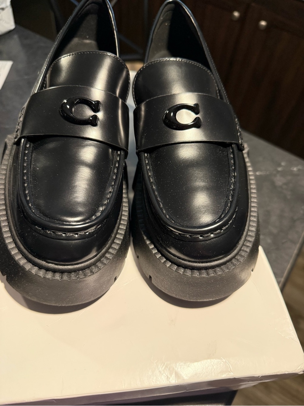 Coach Black Leather Platform Penny Loafers